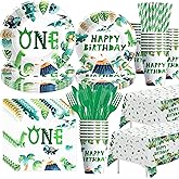 HIPVVILD Dinosaur Party Supplies - Dinosaur Party Decorations Tableware For First Birthday, Plate, Cup, Napkin, Tablecloth, Cutlery, Straw, Dino 1st Birthday Decorations Dinnerware | Serve 24