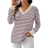 Fayenne Womens Long Sleeve Tops Dressy Casual Striped Shirts Color Block V Neck Blouses Tunic Fall Fashion 2025