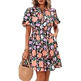 BTFBM Women Summer Floral Short Dresses V Neck Short Sleeve Tiered Ruffle Boho Swing Dress A-Line Mini Dresses