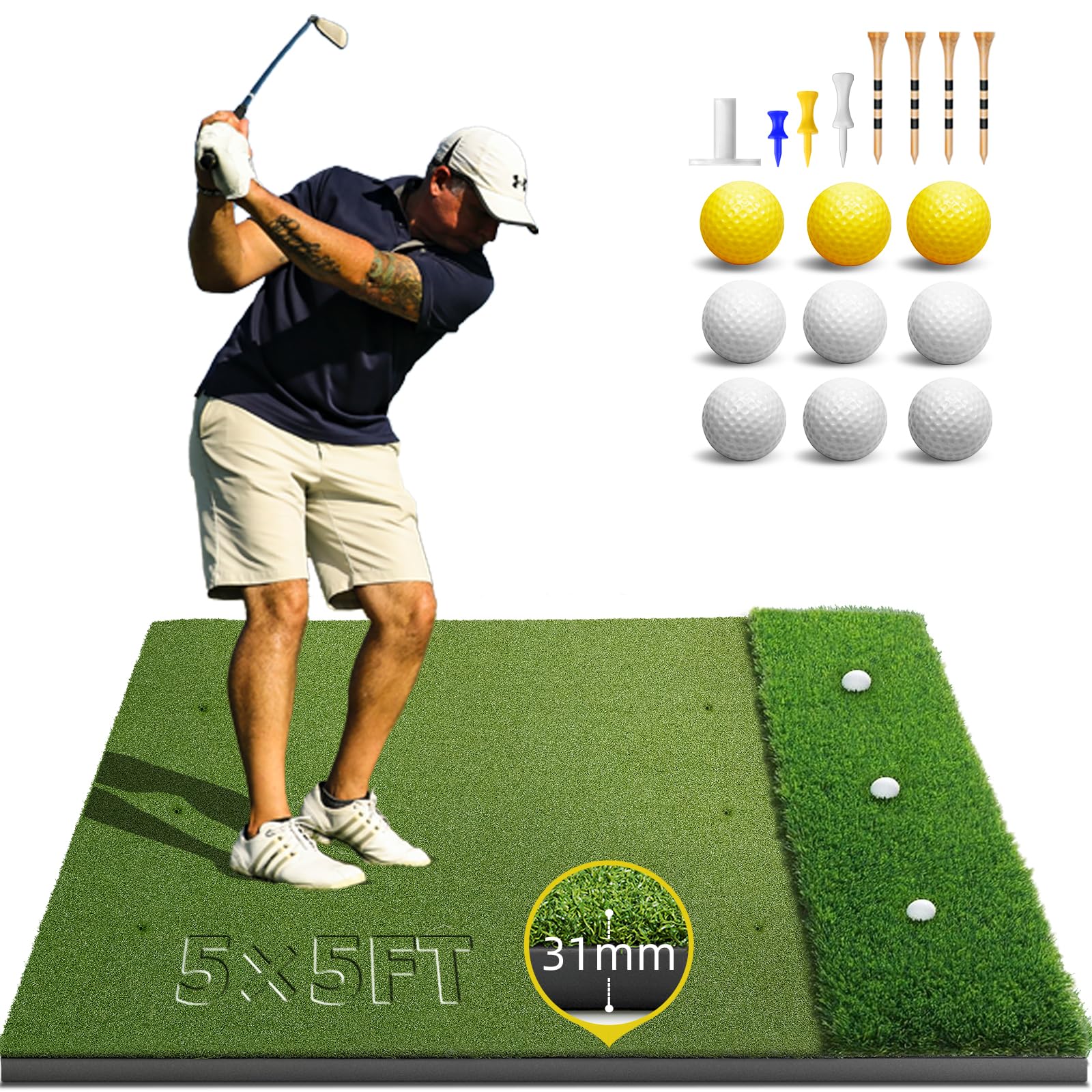 Photo 1 of ***Missing Accessories*** Bltend Dual-Turf Golf Mat: 5x5ft 31MM Thick Heavy-Duty Golf Hitting Mats Practice Indoor, Elite Artificial Turf Mat with 9 Balls, 8 Tees for Driving, Swing in Backyard/Garage/Basement/Simulators