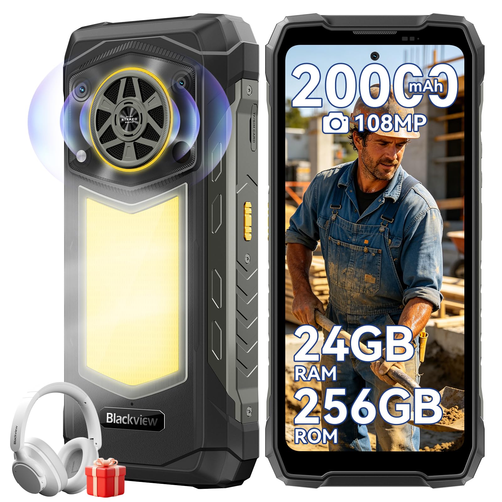 Blackview Rock 5 Outdoor Handy 2026, 20000mAh Business Handy, 24GB+256GB/2TB Android 16 Outdoor Smartphone, 108MP+50MP+20MP Nachtsicht, 6.78" FHD+ Display 120Hz IP69K, 4G/NFC/OTG/GPS/3 Jahre Garantie