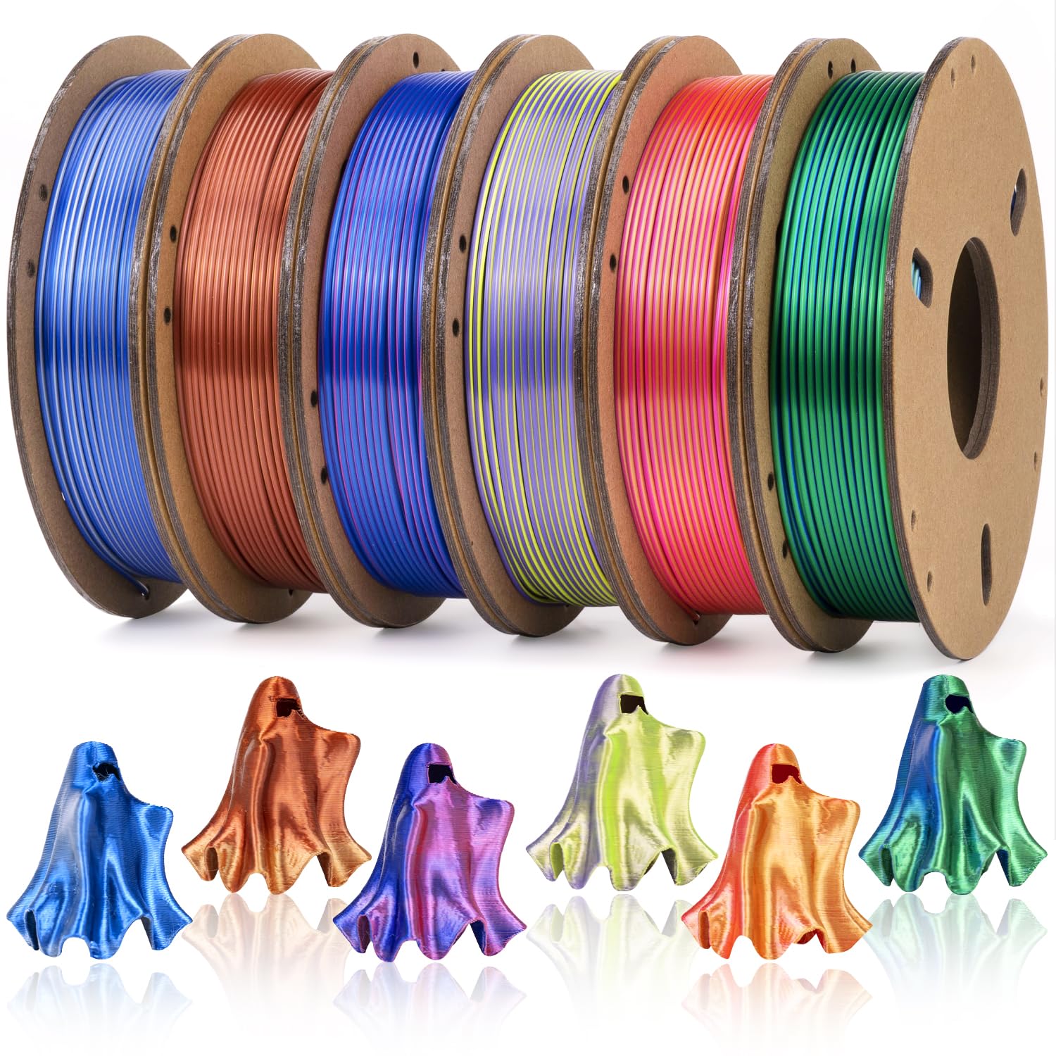 Photo 1 of Dynta 3D Printer Filament Silk PLA 1.75mm Dual Color - 6 x 250g Spools Shiny Filament for Most FDM 3D Printer, Easy Printing, Art & Models - Gold/Copper, Blue/Green, Gold/Rose + More?
