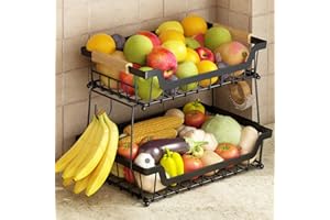 GILLAS 2 Tier Countertop Fruit Basket with 2 Banana Hangers for Kitchen, Detachable Metal Organizer for Bread Vegetable Fruit
