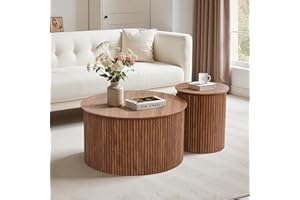 RUSTYER Fluted Round Nesting Coffee Table Set of 2, Mid Century Modern Wood Coffee Table and End Table Set, Minimalist Center Tables Circle Side Table for Living Room, Office(Walnut)