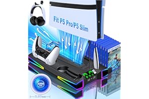 KAWAYE PS5 Stand Cooling Station for PS5/PS5 Slim Console, PS5 Accessories Vertical Stand with 2.36in Large P5 Fan Cooling Fan, Colorful Light, Dual Controller Charger, Headset Holder, 3 Charger Port-Black