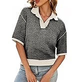 Cicy Bell Womens Striped Cropped Sweaters Tops Color Block Short Sleeve Knit V Neck Fall Casual Pullover