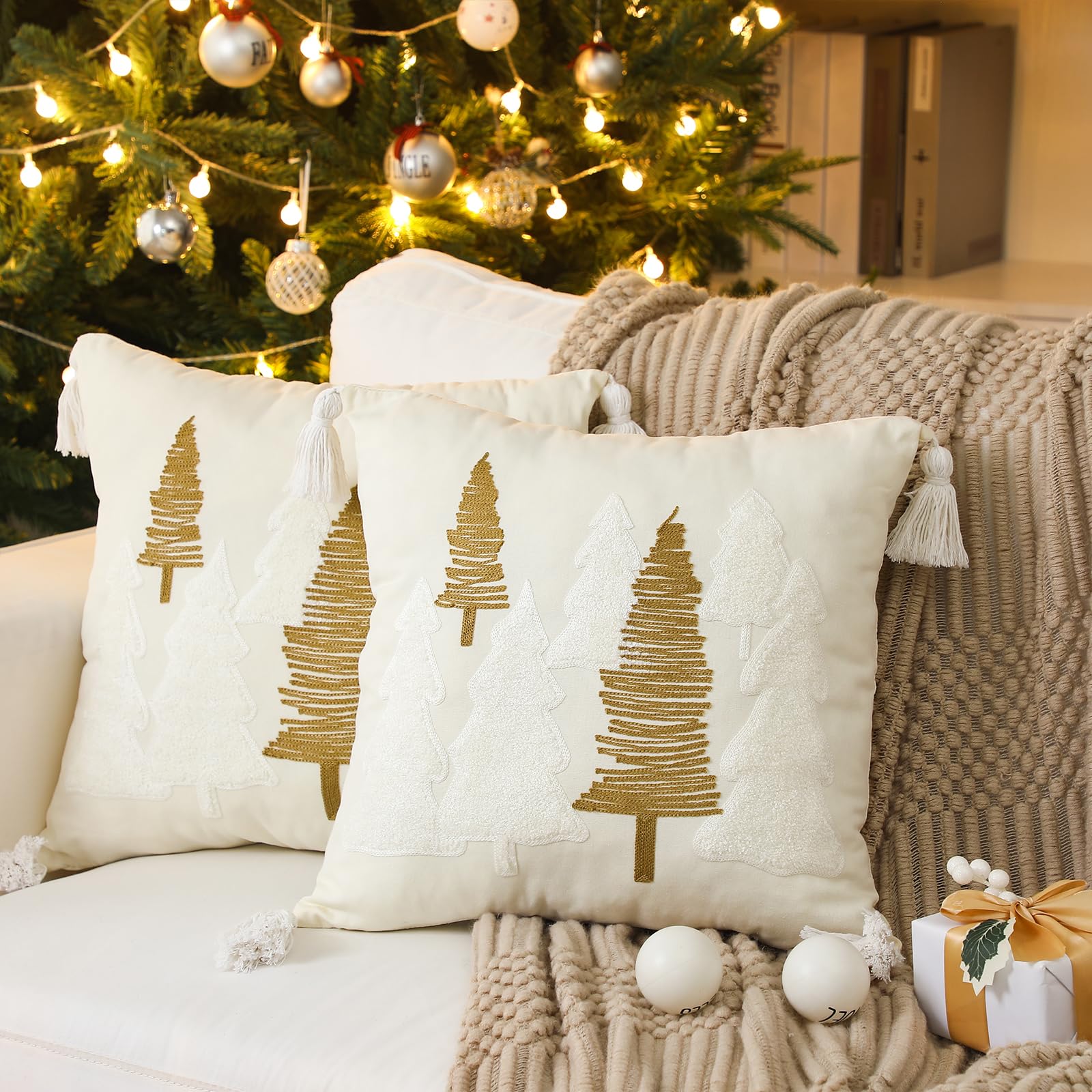 View 1 of Wonderjune 2 Pcs Christmas Tree Pillow Covers 18 x 18 Inch Christmas Soft Cute Pellet Velvet Embroidery Trees Decorative Lumbar Pillow Cover with Tassel Throw Case for Home Living Room Decor
