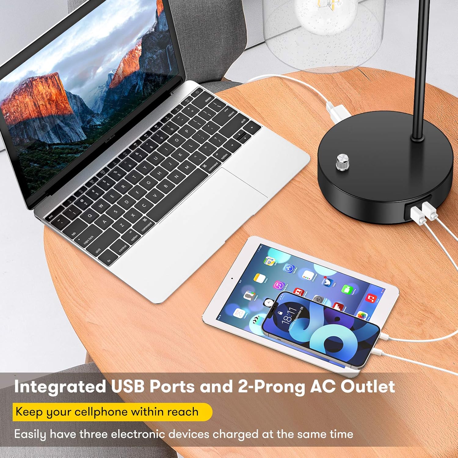 Set of 2 Fully Stepless Dimmable Industrial Table Lamps with 2 USB Ports & AC Outlet, Bedside Nightstand Desk Lamps with Seeded Glass Shades for Bedroom Dorm Living Room, 2 7W 2700K LED Bulbs Included - - 