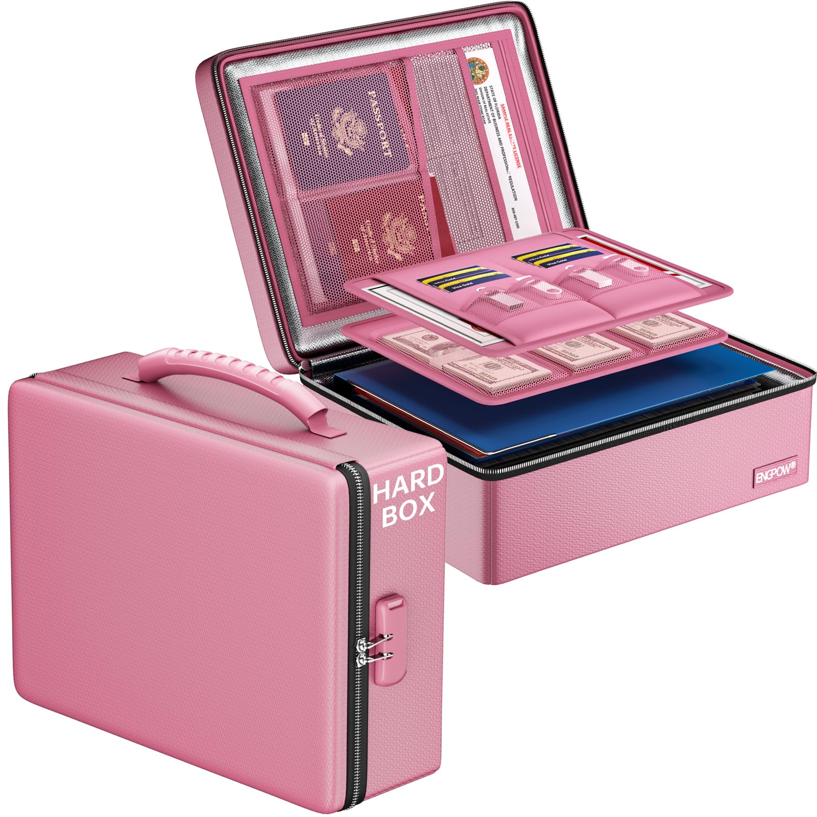 Photo 1 of ENGPOW Fireproof Document Box, Hard Case File Box with Fireproof Zipper?Lock, 6400°F Heat Insulated Fire and Water Resistant File Organizer Storage Safe for Important Documents Laptop Cash, Pink