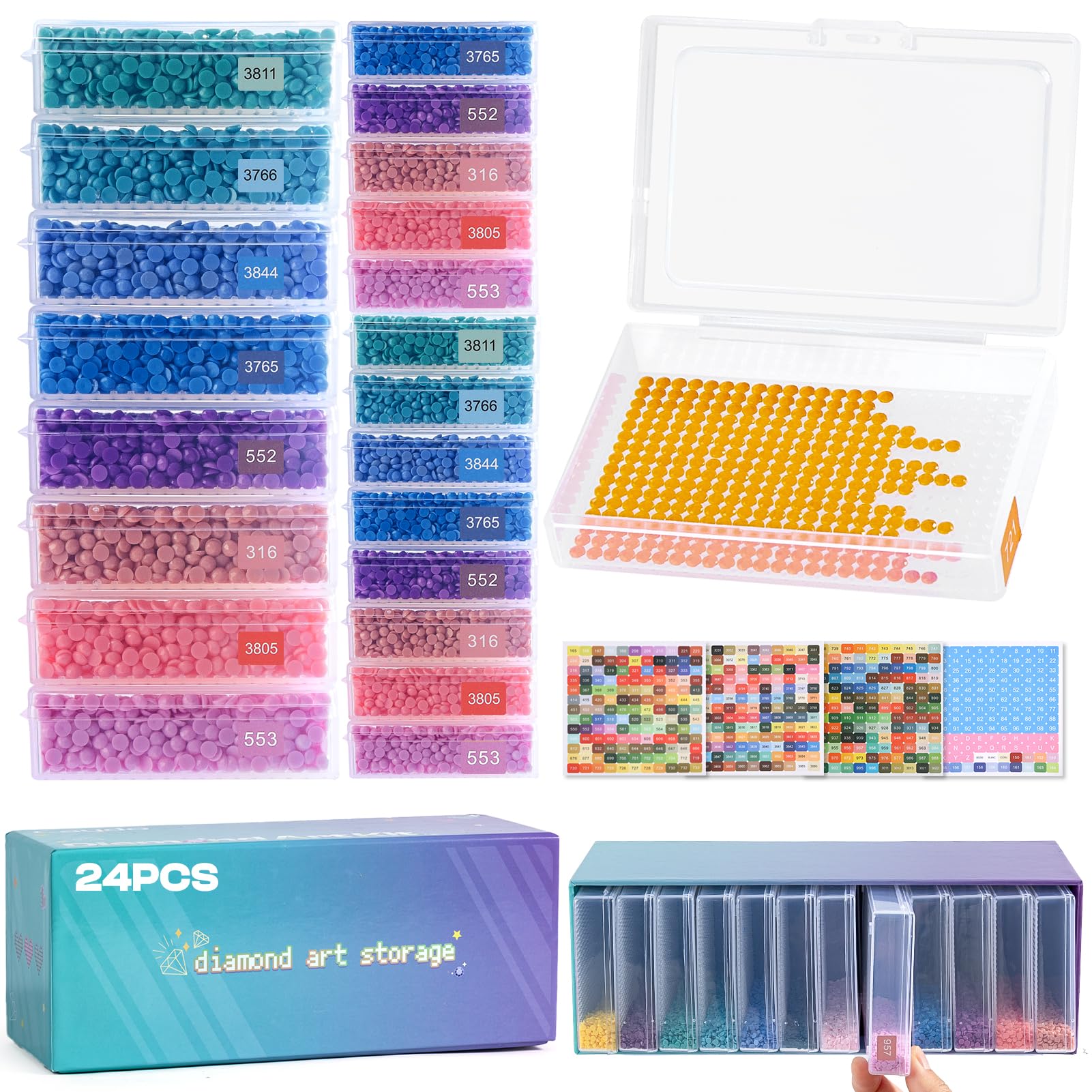 Caydo 24PCS Diamond Art Trays with Lids, 2-in-1 Storage Containers for Diamonds Art Beads Storage & Quick Line-Up, Professional Craft Accessories Tools, Box Package