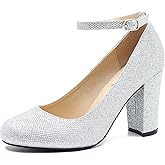 Women's Block High Heel Pumps with Ankle Strap, Round Toe, Classic Style