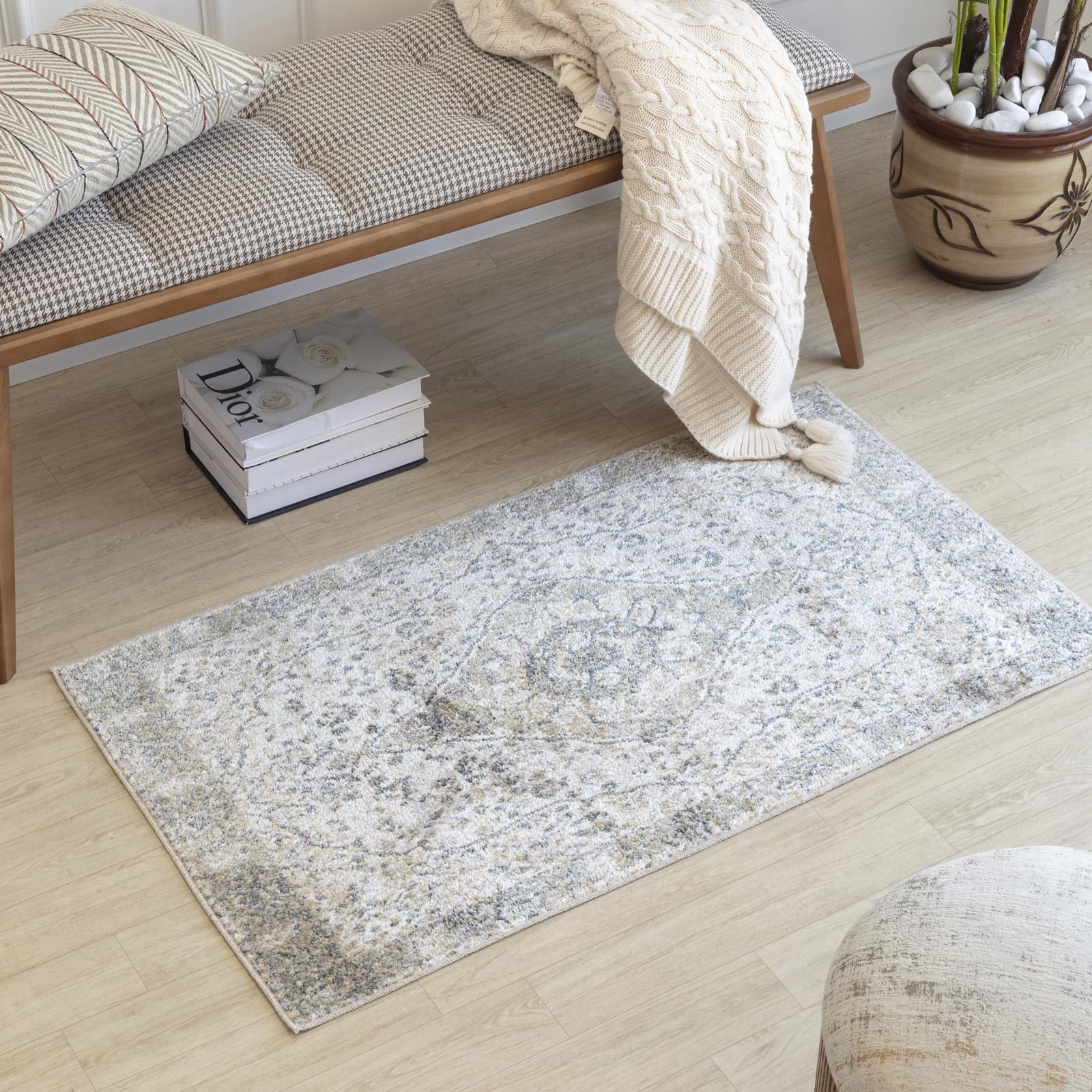 Livabliss Celine Riffa Machine Washable Carpet Runner 66x115 cm, Vintage Boho Design for Hallway, Kitchen & Living Room, Easy Care, Brown Yellow Beige