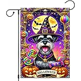 Nuxovilar Happy Halloween Garden Flag 12X18 IN Double Sided Glamorous Schnauzer in Witch Hat & Candy Garden Flags for Halloween Harvest Farmhouse Fall Yard Outside Decoration