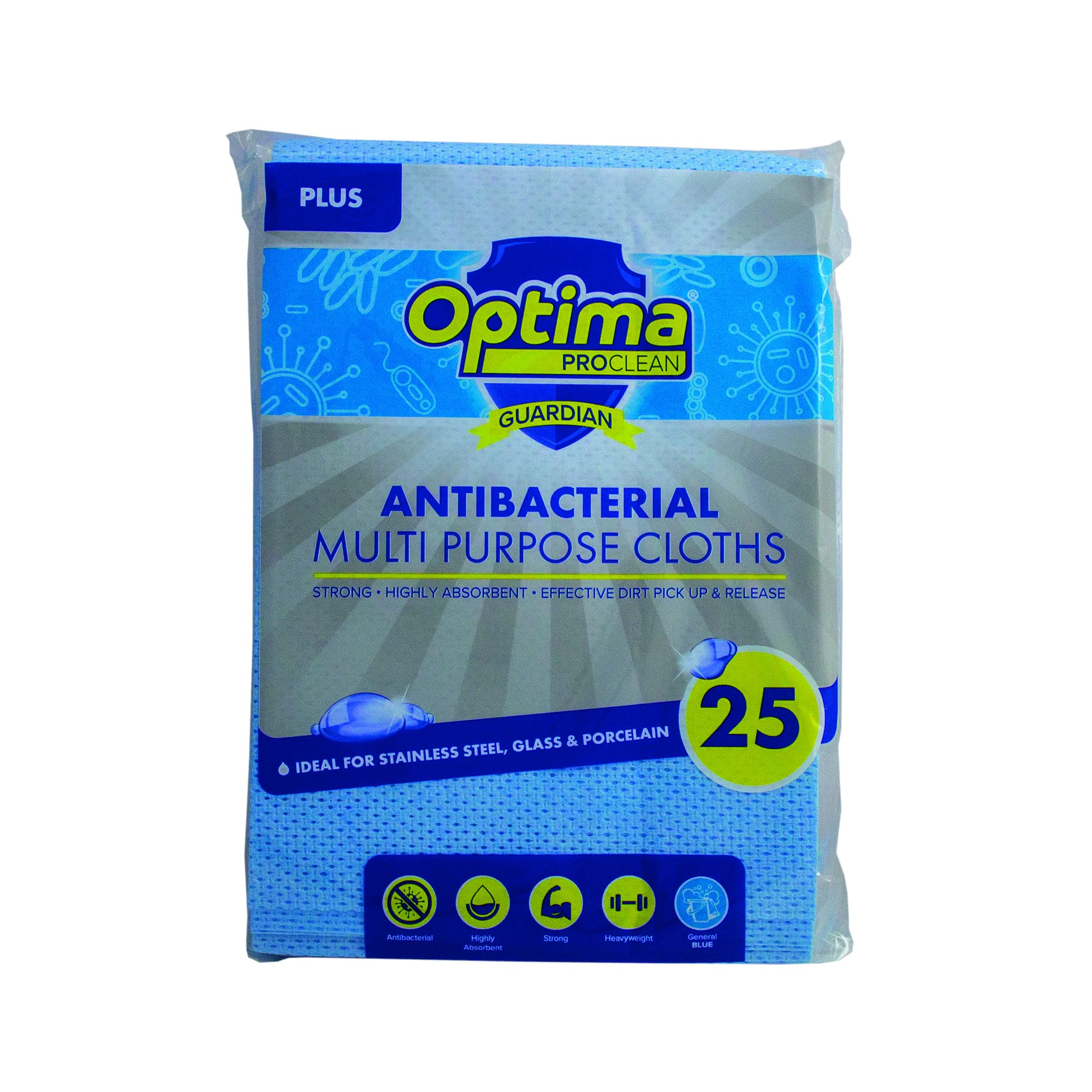 Optima Proclean Guardian Professional Antibacterial Super Absorbent Semi-Disposable Multi-Purpose Cleaning Cloths, 50x36cm, Pack of 25, Blue