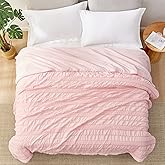 Cozy Bliss Seersucker Cooling Comforter Queen Size, Q-Max 0.45 Reversible Lightweight Cooling Blanket, Breathable Silk Smooth Summer Bedding Quilt for Hot Sleepers Night Sweats Pink