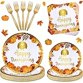Lounsweer 96 Pcs Thanksgiving Paper Plates and Napkins Disposable Fall Party Supplies Plates and Napkins for 24 Guests Fall Dinnerware Pumpkin Turkey Autumn Theme Tableware Harvest Decorations