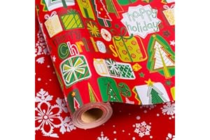 MAYPLUSS Christmas Wrapping Paper Roll, Red and Green Christmas Tree Wrapping Paper, Reversible Modern Holiday Gift Wrap with Trees Presents Snowflakes for Festive Gift Packaging (17 Inch X 33 Feet)
