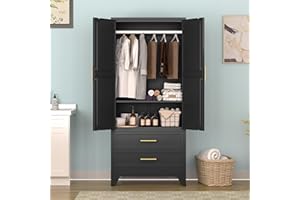 CKZBX 71" H Metal Armoire Wardrobe Closet with 2 Drawers, Adjustable Shelve, Clothes Drying Pole, Steel Wardrobe Cabinet for Bedroom (Black)
