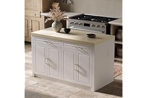 Homsee 61" W Large Kitchen Island with Charging Station, 2 Drawers and Adjustable Shelves, Modern Stationary Kitchen Prep Table Coffee Bar Cabinet for Dining Room, White