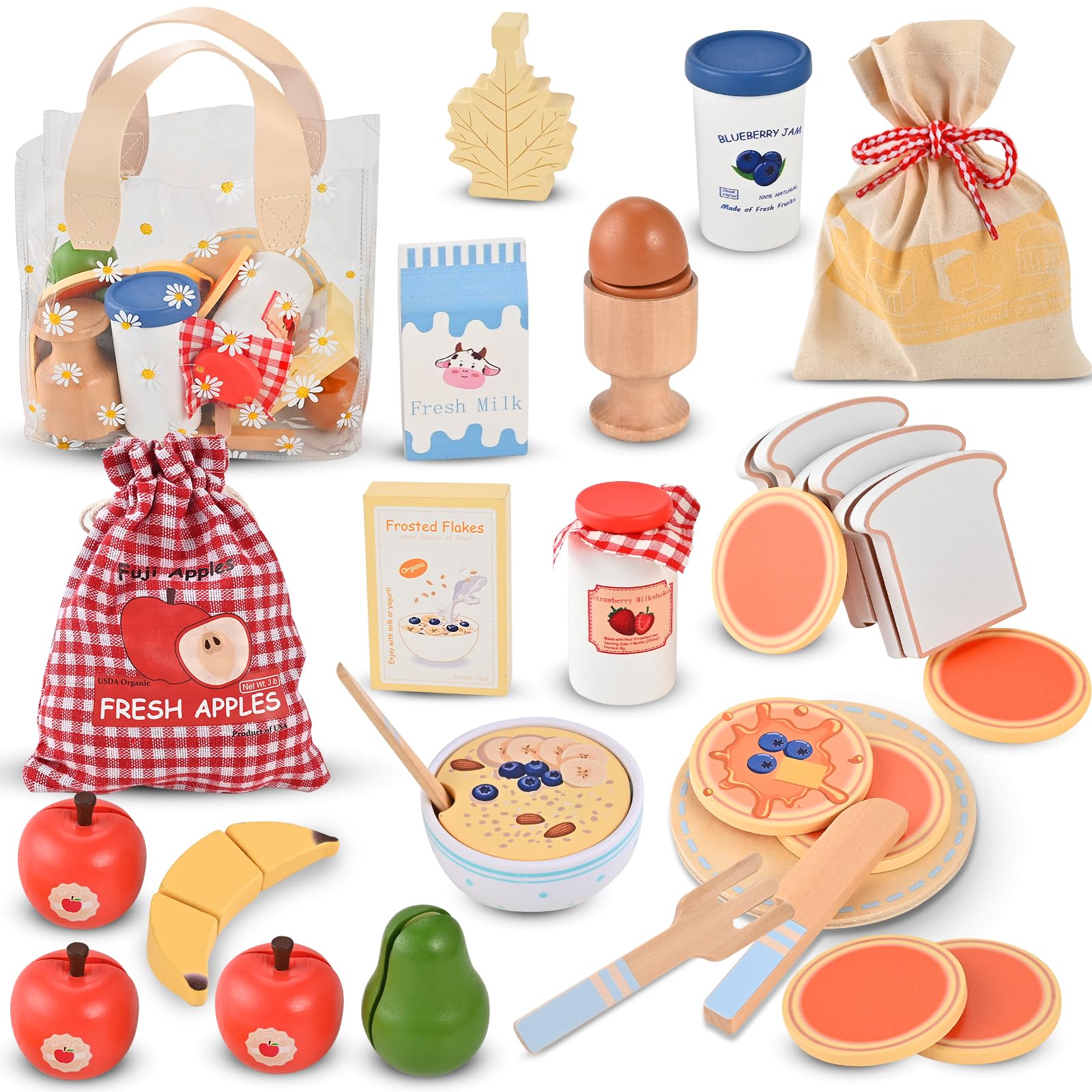 Wooderma Wooden Food for Play Kitchen 27 PCS Wooden Toddler Toys Breakfast Pretend Play Set, Travel Toy Food Set for Kids' Kitchen Accessories Birthday Christmas Gifts for 3+ Year Olds Boys Girls