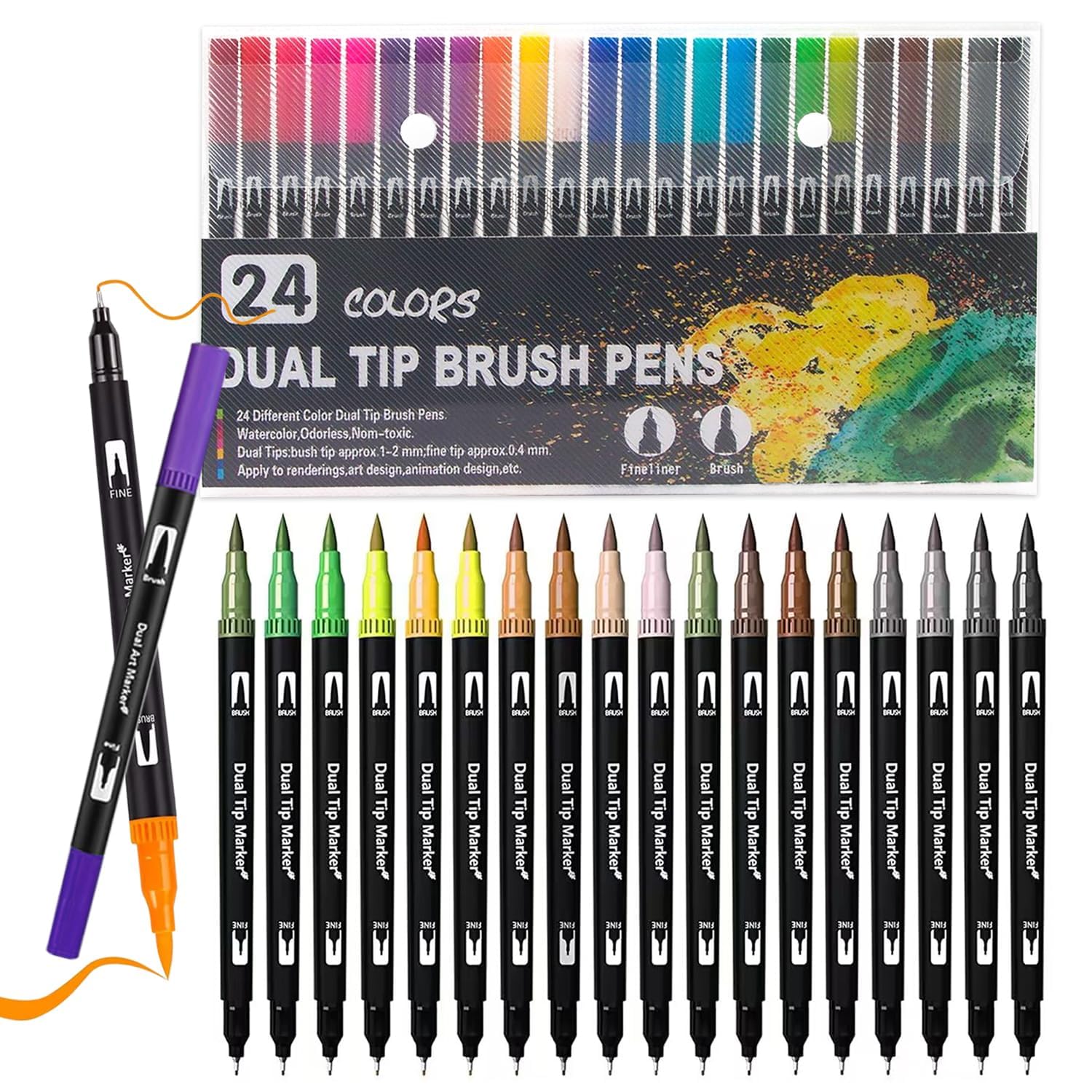 Surcotto Colouring pens, Dual Tip Brush Pens, 24 Colorful Washable Felt Tip Pens, Dual Art Marker For Colouring Book Drawing Design Calligraphy Painting