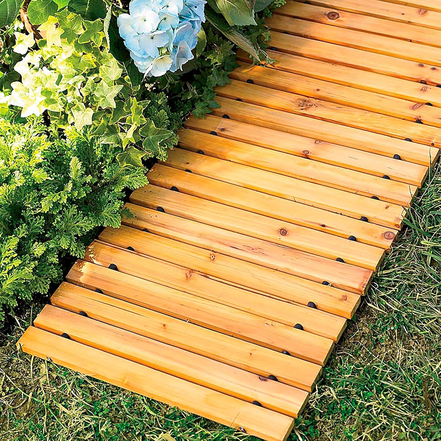 Photo 1 of Plow & Hearth 8' Straight Outdoor Wooden Pathway | 17" Wide Rollout Outdoor Garden Walkway | Weather-Resistant Hardwood Cedar Board Walkway Landscape Edging | Decorative Lawn Patio Wedding Party