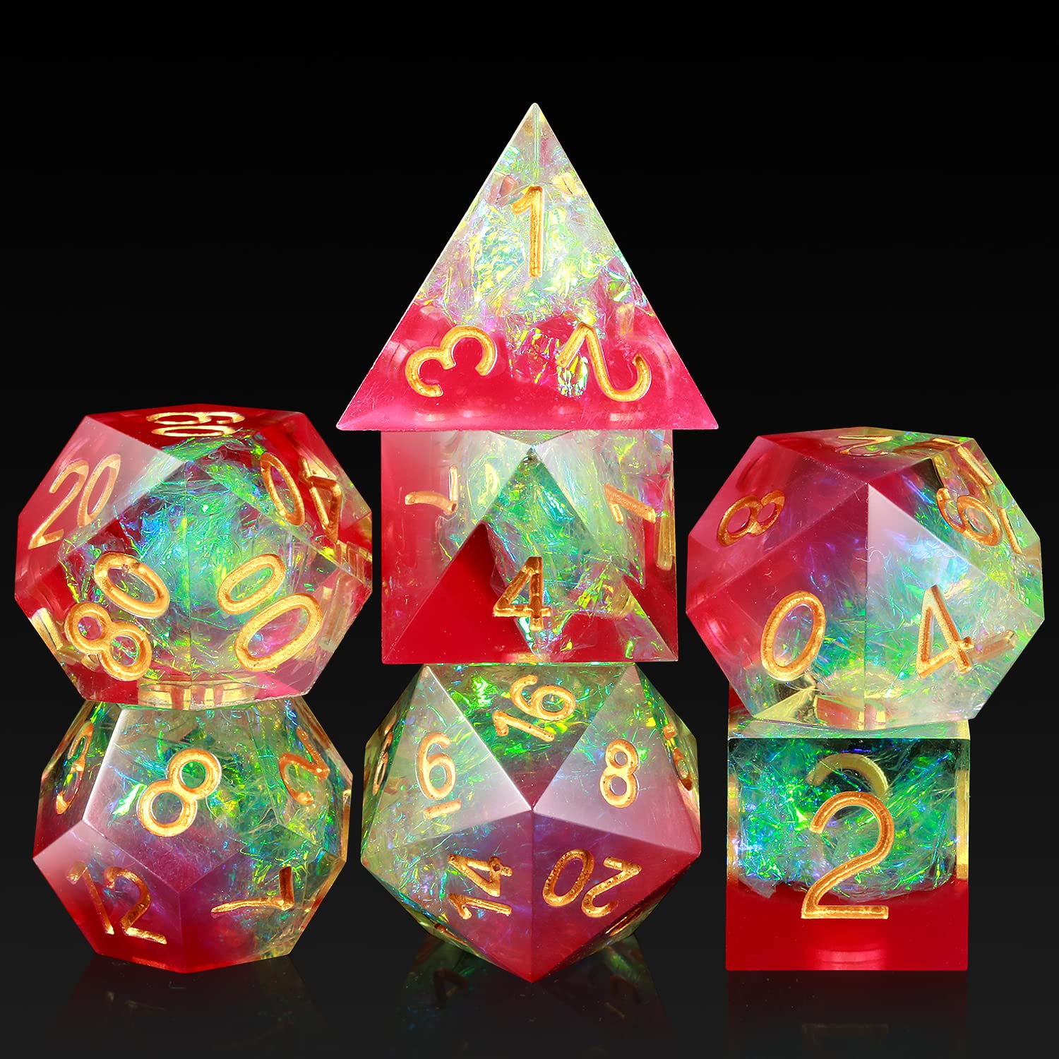 Rose DND Dice Set,DNDND Handmade Sharp Edge Dungeons and Dragons Dice Set with Gorgeous Gift Case for DND (Rose and Tranlucent with Gold Number) — image 1