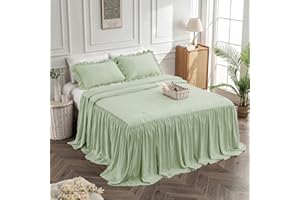 Bonlino Bedding Bedspread Set Bed Queen - Farmhouse Bedspread Coverlet Bed Spreads Quilt Chic Vintage Bedding Ruffle Skirt Bedspread Bedroom Rustic Lightweight with 2 Pillow Shams (Queen Sage Green)