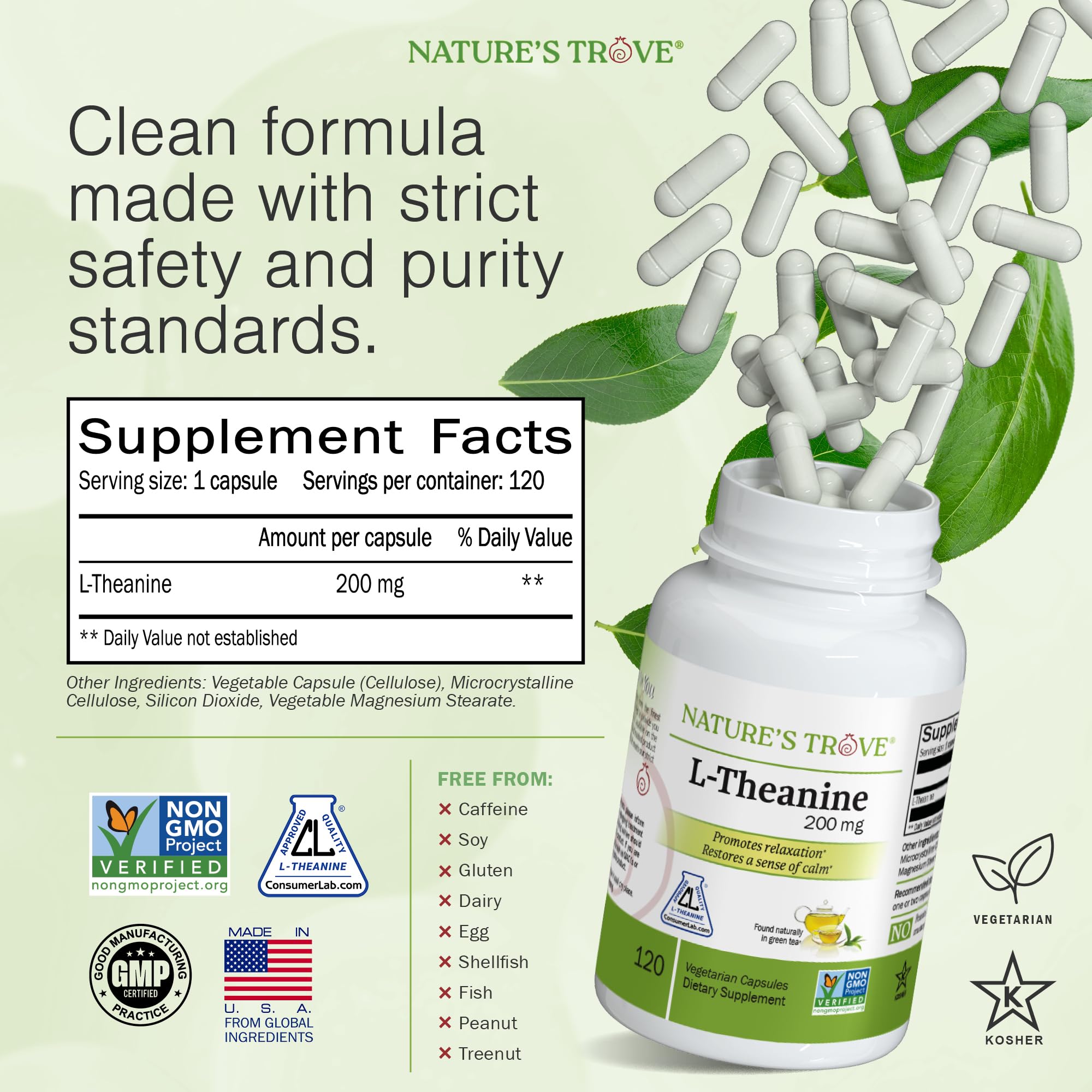 Nature's Trove L-Theanine 200mg 120 Vegetarian Capsules