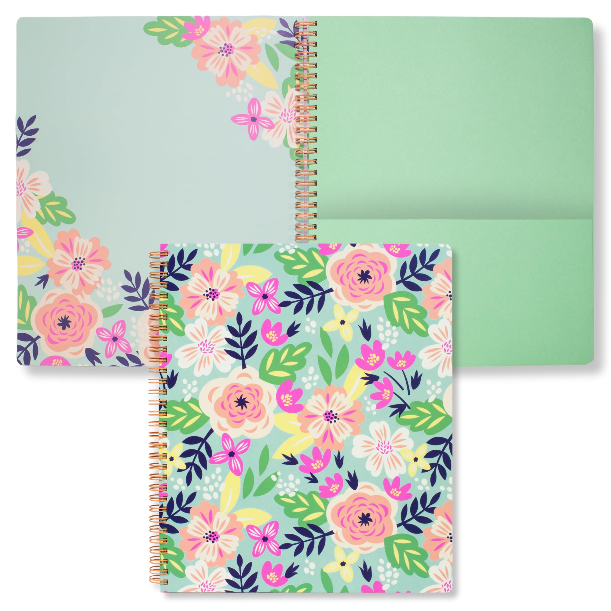Steel Mill & Co Cute Large Spiral Notebook College Ruled, 11" x 9.5" with Durable Hardcover and 160 Lined Pages, Mint Floral