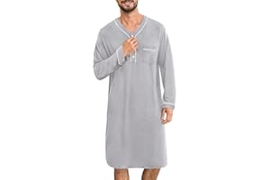 SWOMOG Men's Nightshirt Long Sleeve Nightgown Soft Loose Sleepwear Lightweight Nightwear Comfy Henley Sleep Shirt M-3XL