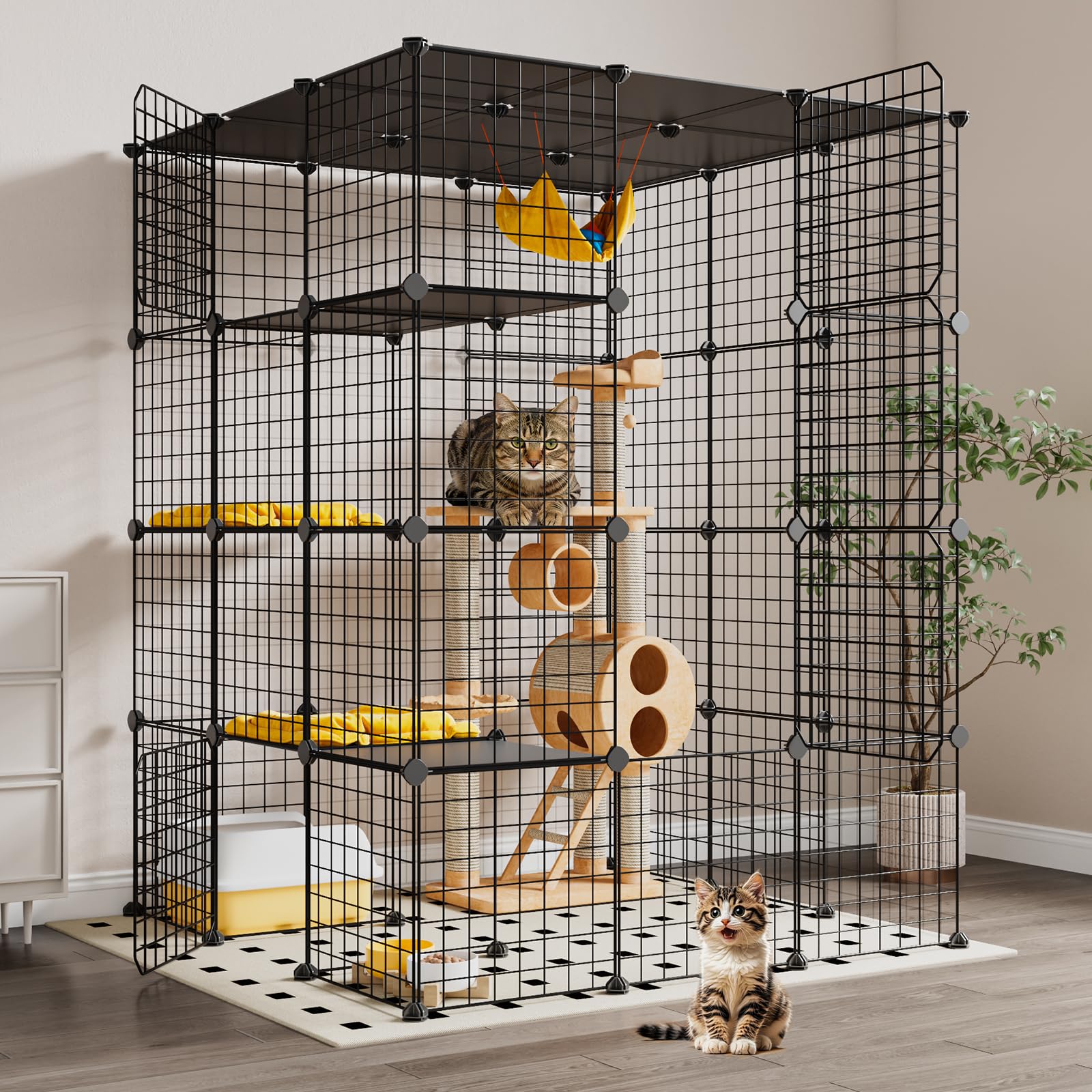 oneluck extra large cat cage,4-tier catio, diy metal cat enclosure with platforms,55 inch indoor cat