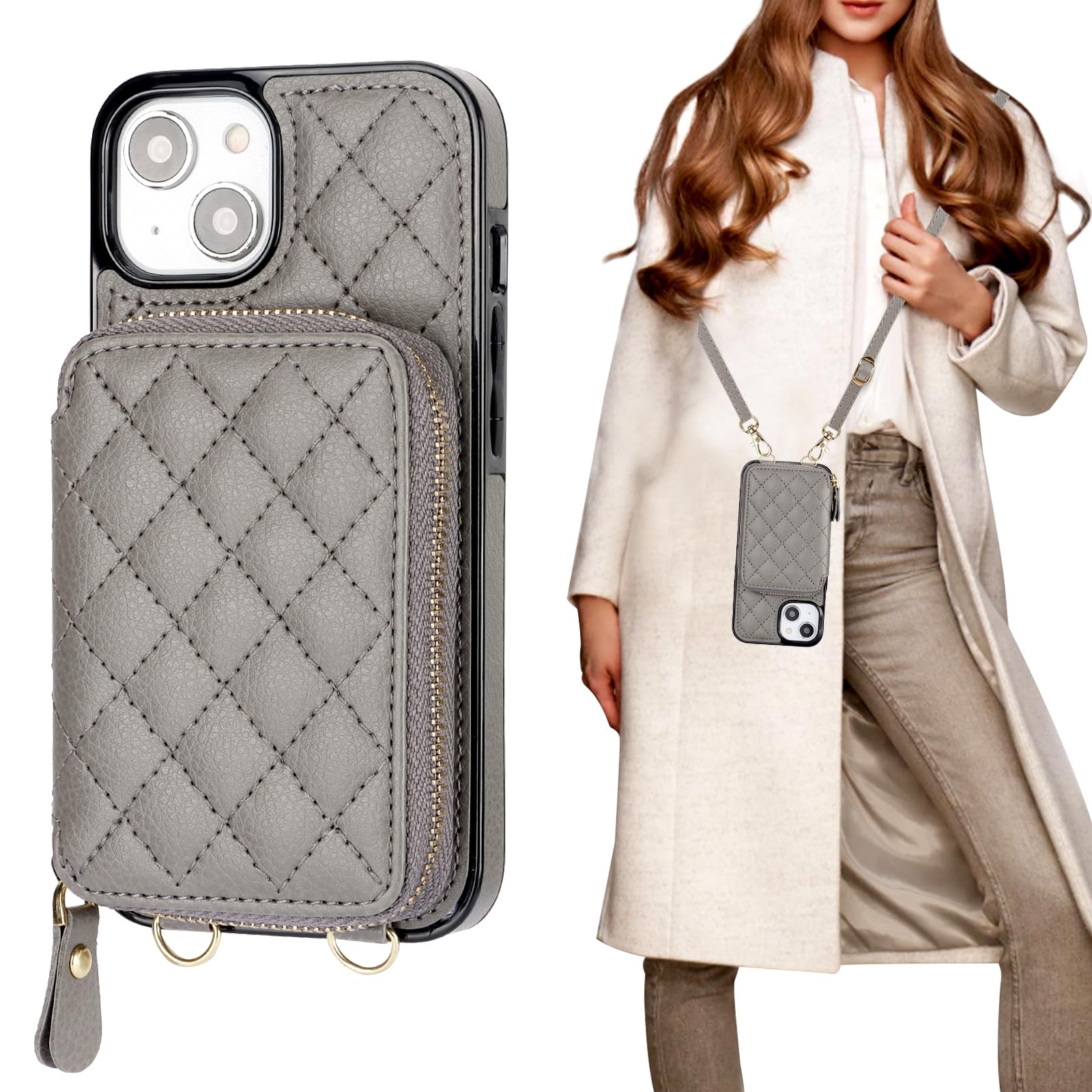 Bocasal Crossbody Wallet Case for iPhone 14, RFID Blocking PU Leather Zipper Handbag Purse Flip Cover, Kickstand Folio Case with Card Slots Holder Wrist Strap Lanyard 5G 6.1 Inch (Grey)