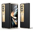 Libeagle for Samsung Galaxy Z Fold 4 Case, Electroplated Frame, Luxury Leather Back, Full Magnetic Hinge Protective, Screen Protector, Metal Stand, Thin & Slim Stand Phone Cover 5G 2023, Black