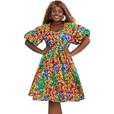 HongyuAmy Women African Floral Print V Neck Dresses Ankara Lantern Sleeves Short Dress