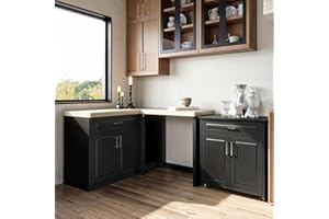 Homsee L-Shaped Kitchen Island with Rolling Cart, Corner Kitchen Table with Stone-Patterned Painted Countertop, Portable Trolley Island Serve Cart with Folding Drop Leaf for Dinning Room, Black