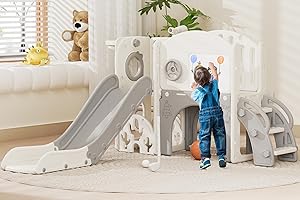 67i Indoor Toddler Slide with Drawing Board, Golf Set, Basketball Hoop - Kids Playground for 1-3 Year Olds, Non-Slip Steps & Storage Space (White Gray)