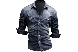 JEKE-DG Men's Western Distressed Denim Shirt Casual Slim Fit Button Down Long Sleeve Wash Work Denim Jean Shirt