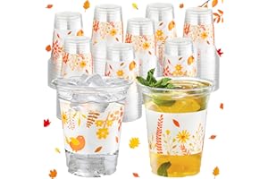 G1ngtar 100Pcs Fall Party Plastic Cups - 12 Oz Autumn Wild Flowers Disposable Clear Cups, Orange Floral Drinking Beverage Cups for Birthday Thanksgiving Harvest Party Supplies Decorations