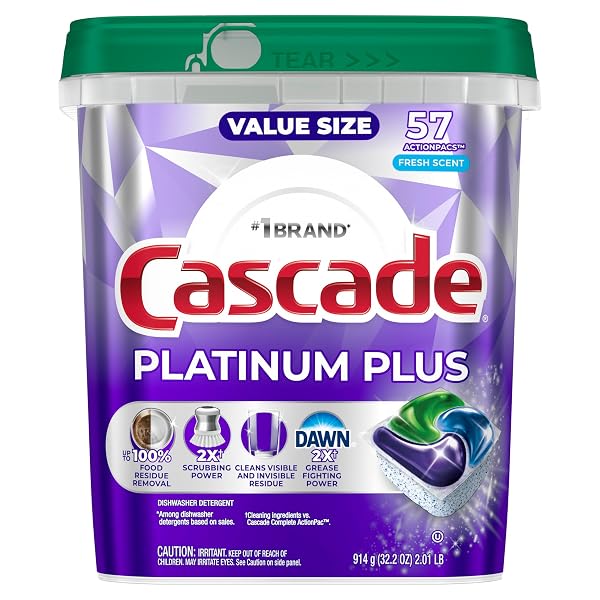 CASCADE PLATINUM PLUS DISHWASHER PODS, DISHWASHER DETERGENT, DISH DETERGENT SOAP, FRESH, 57 COUNT