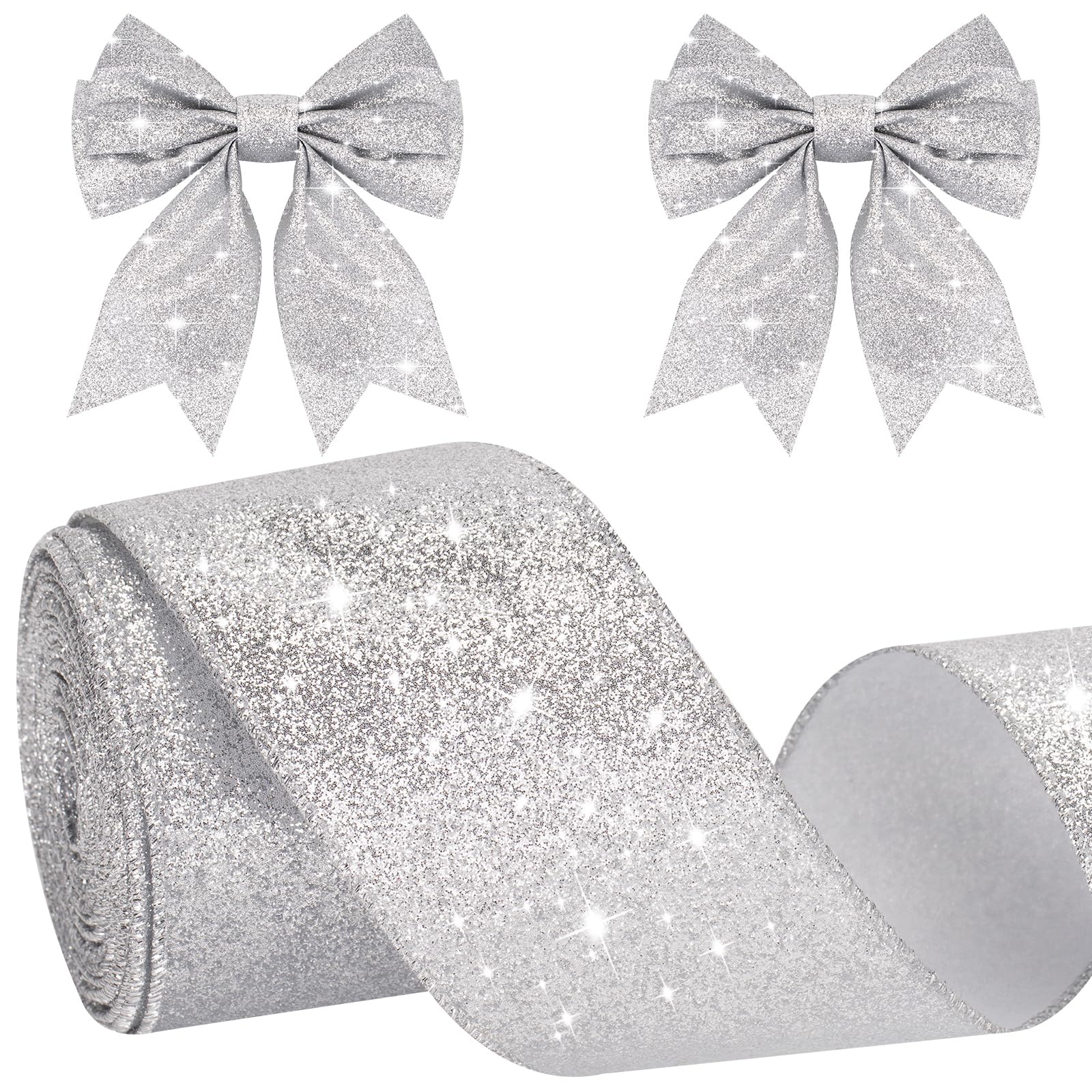 KINGLAKE Silver Wired Glitter Christmas Ribbon, 6cm Metallic Wrapping Ribbon for Gift Wrapping, Wreath, Crafts, Christmas Tree & Wedding Decorations