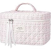 senbowe Large Quilted Makeup Bag, Cotton Floral Cosmetic Bag for Women, Cute Coquette Aesthetic Makeup Bag Toiletry Bag, Travel Make Up Organizer Bag with Zipper and Ribbon (Pink-green Floral)