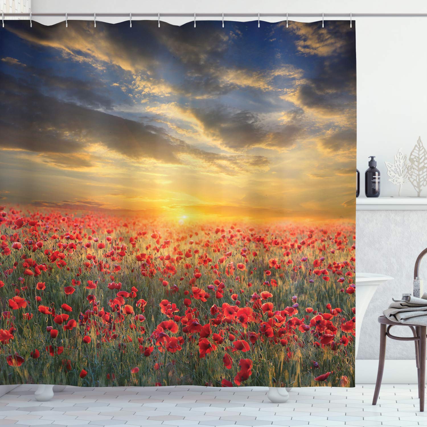 ABAKUHAUS Flower Shower Curtain, Poppy Field Sunset Sky Evening View Golden Yellow Sun Rays Dark Clouds Graphic Art, Cloth Fabric Bathroom Decor Set with Hooks, 86 Inches Extra Long, Multicolor