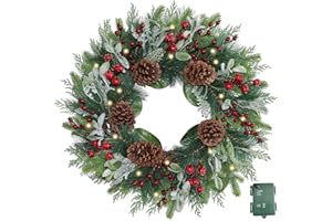 BINFEN 24” Lighted Large Pine Christmas Wreath with Red Berry– Mixed with Fake Norfolk Cypress Cedar Lamb Ear & Pinecone, Xmas Winter Wreaths for Front Door Porch Mantel & Fireplace (50 LED Lights)