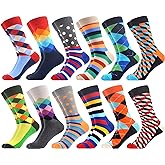 WeciBor Men's Dress Funny Crazy Colorful Novelty Combed Cotton Crew Socks 12 Pack - Size 7-10/10-13/13-15