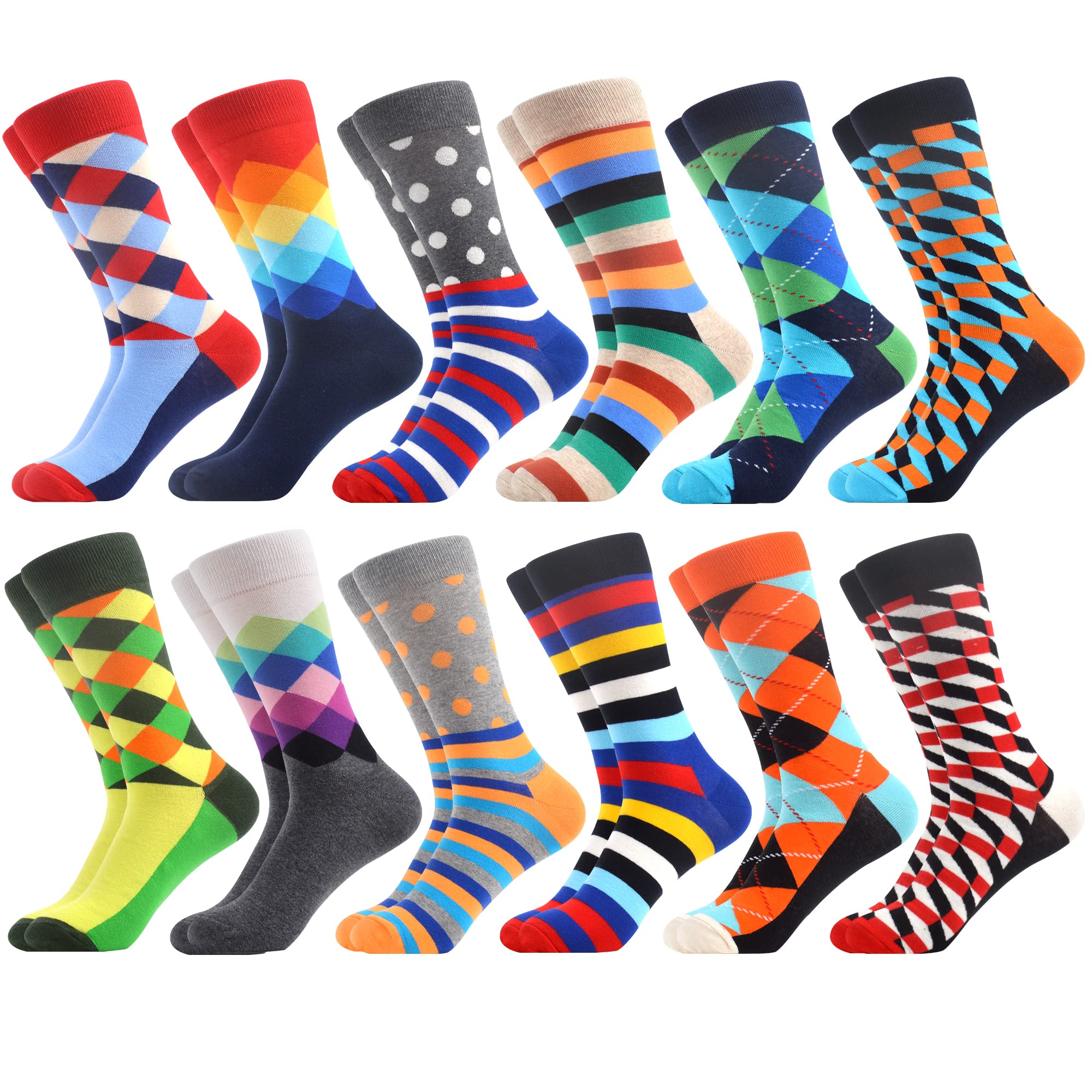 WeciBor Men's Dress Cool Colorful Fancy Novelty Funny Casual Combed Cotton Crew Socks 12 Pairs In Set, Eu0052-04, L