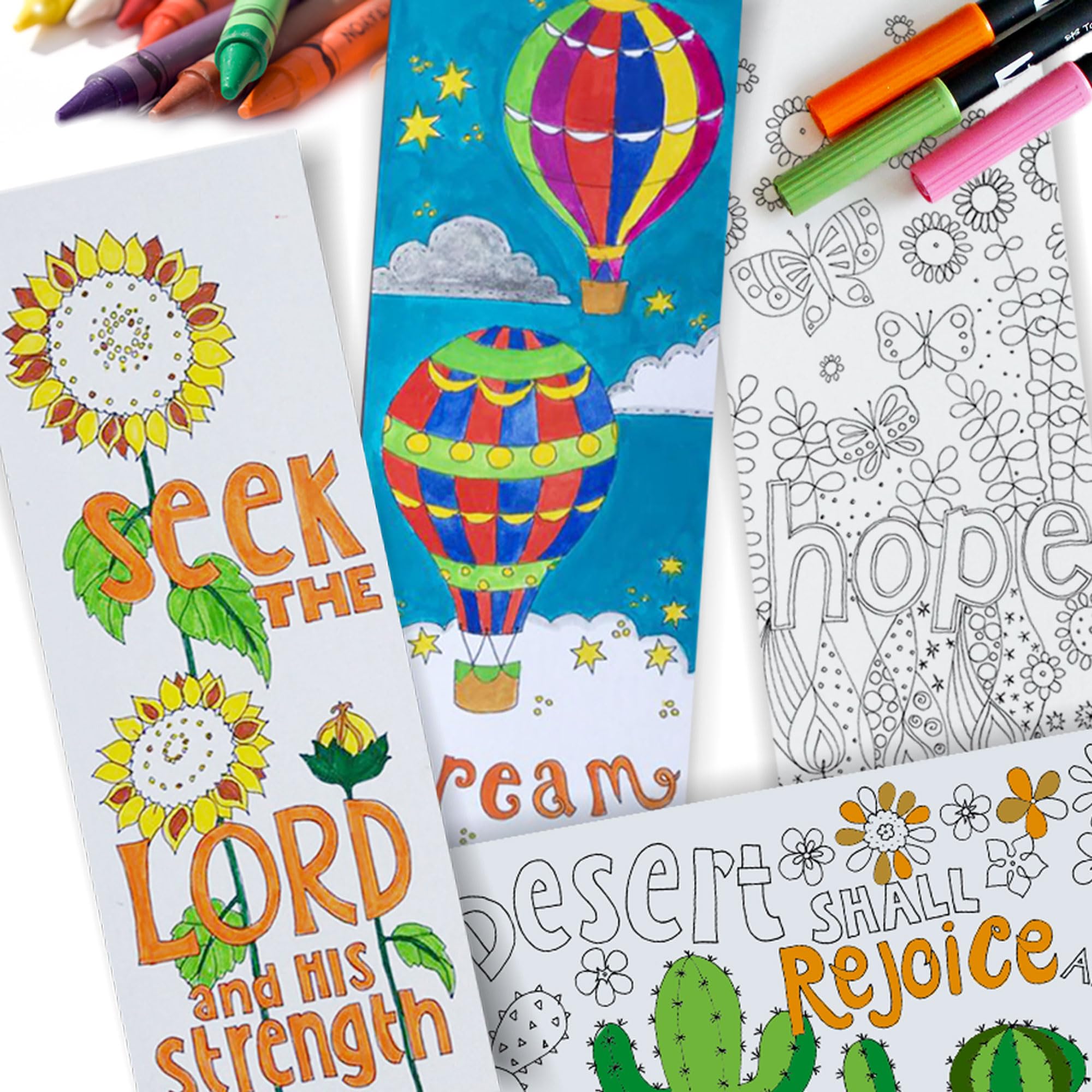 Christian Colouring Bookmarks, Images of Hope, Pack of 10 Different Designs, with Coloured Bible Verse on Reverse. Makes a Great Christian Gift for Adults or Children, by Just Cards Direct.