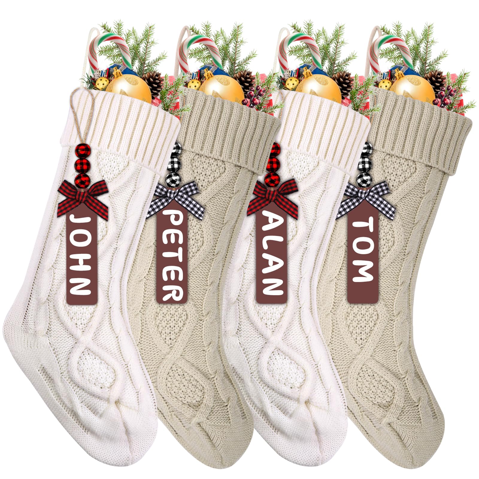 Photo 1 of ***Missing 2***XIMISHOP 4PCS Christmas Stockings, 18inch Large Personalized Cable Knitted Xmas Hanging Stocking Decorations with Name Tags for Holiday Christmas Party Family Decor (Khaki and White)