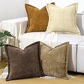 Lewondr Corduroy Throw Pillow Covers 18×18 Inch, 4 Pack Soft Square Throw Pillow Cases, Decorative Boho Striped Couch Pillow Covers for Living Room Bedroom Sofa Bed Office Cushion Cover, Brown