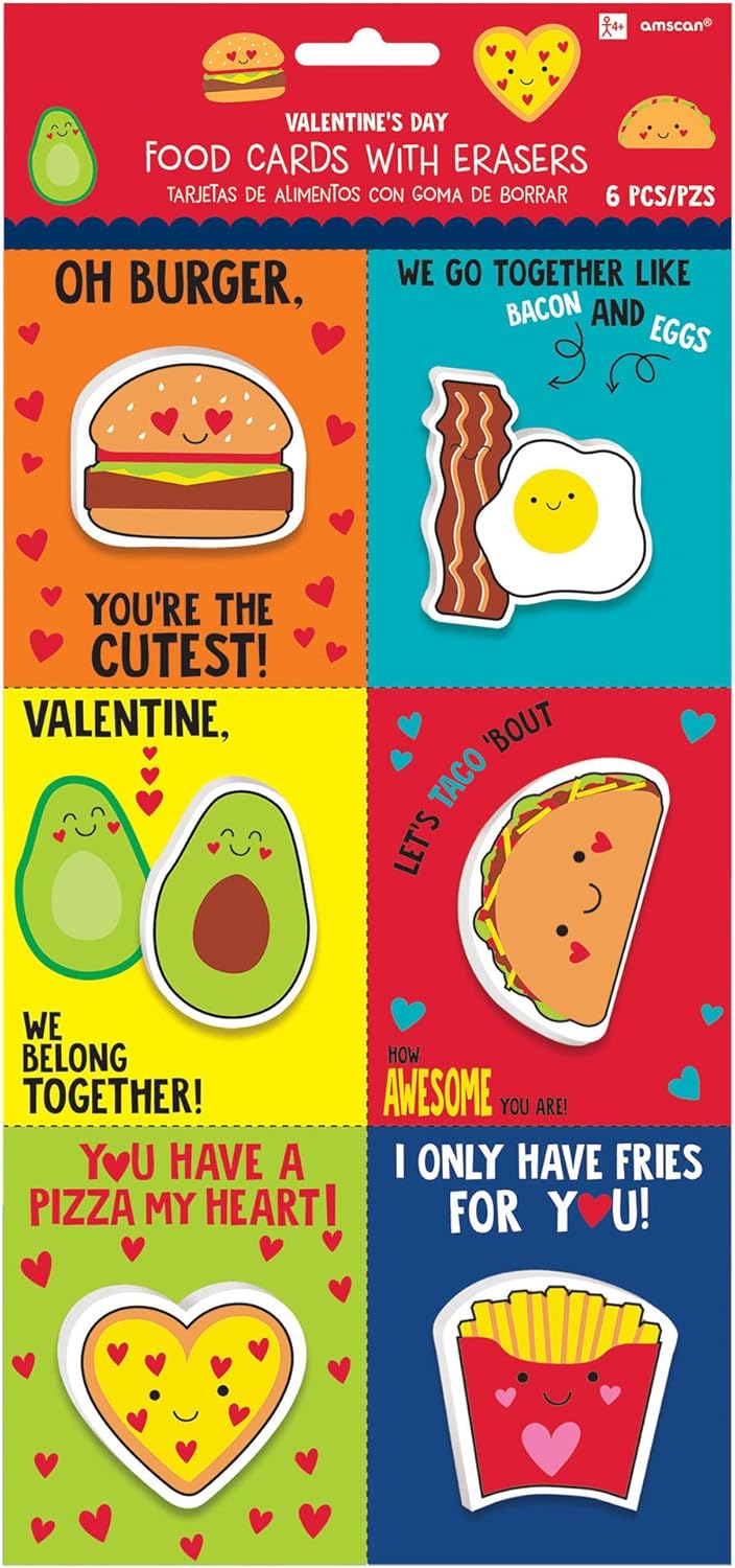 Party Favors, Food Valentine Cards with Erasers, 12 Pc.